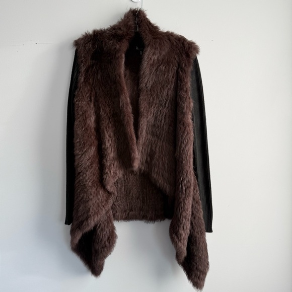 Love Token Knit Rabbit Fur Jacket Cardigan Ribbed Sleeve Open Front Asymmetrical - Picture 5 of 16